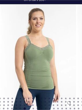 Seamless Lace-Trim Tank Top - Olive Green